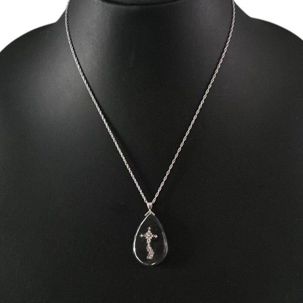 Sterling Silver Bereavement Pendant Necklace 18" Teardrop Pendant With Cross